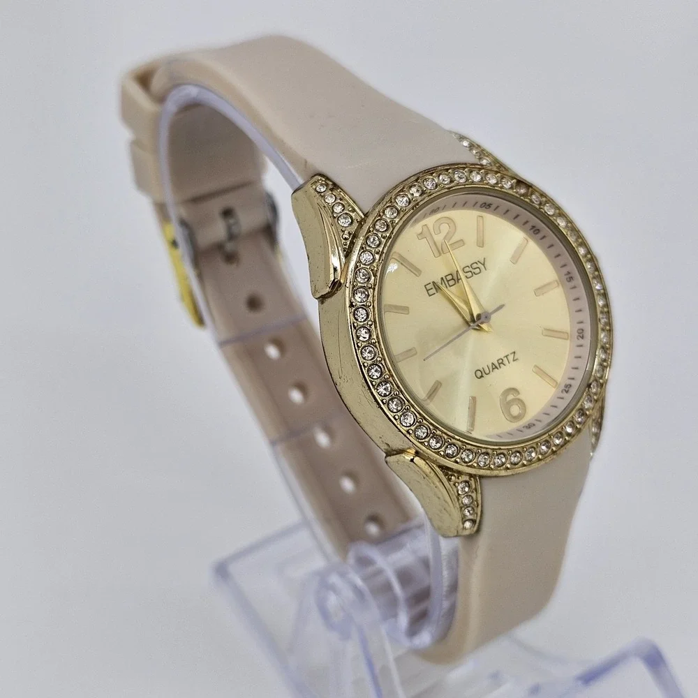 Embassy Women's Watch 34MM Gold Dial Cream Plastic Bands New Battery‎